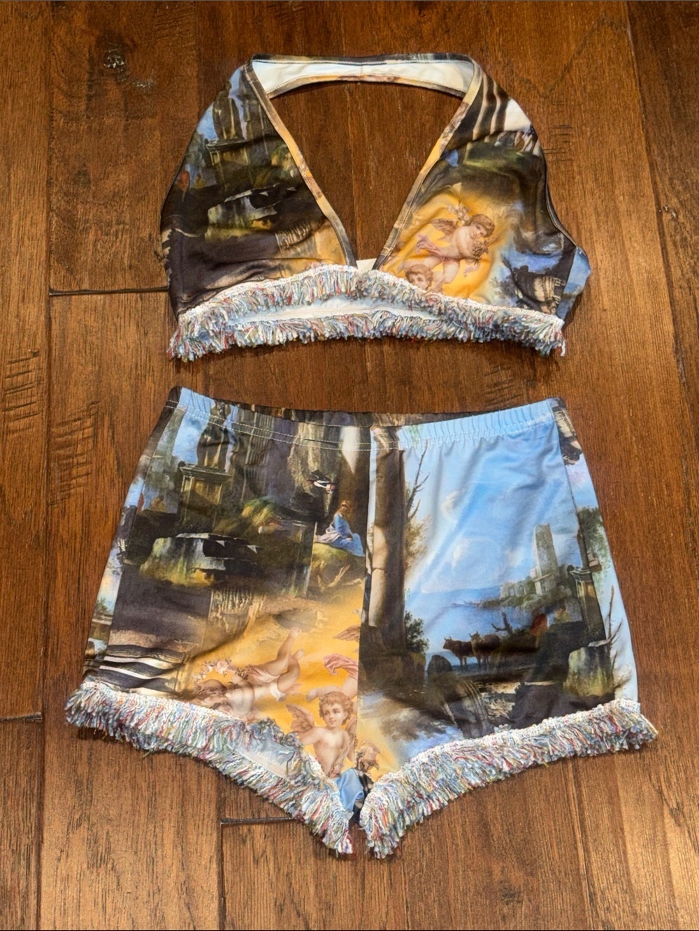 Small / 4 Cherub Print Fringe Halter Crop Top & Shorts Set — Blue, Gold, Brown